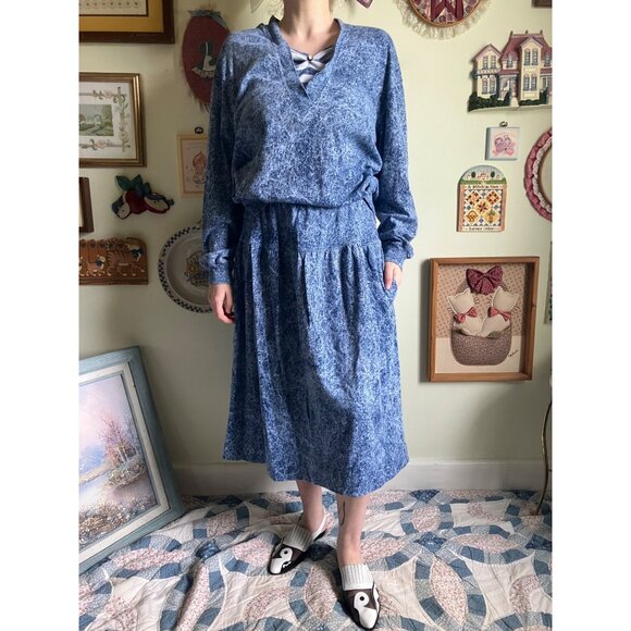 80's VTG Cathy Daniel's faux acid wash oversized top and midi skirt set - Picture 4 of 7
